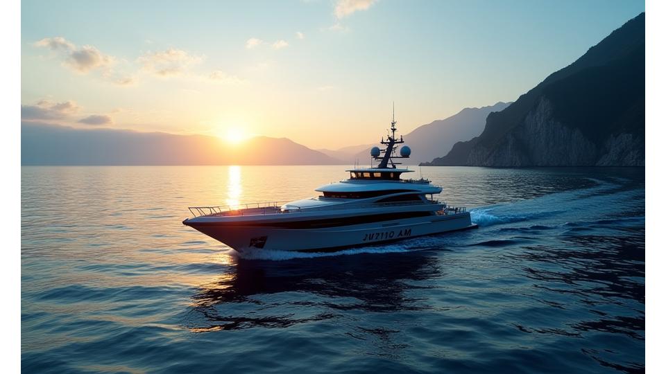 海洋測量船が精密なデータを収集している様子、日本の海岸線を背景に