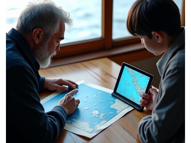 経験豊富な漁師が若い世代に伝統的な海図を指し示しながら知識を共有する様子。デジタルタブレットも表示され、新旧技術の融合を示唆する