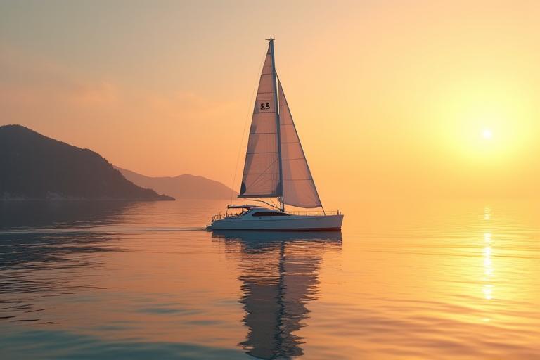 夕暮れ時の穏やかな海をセーリングするモダンなヨット。背景には美しい入江と自然が広がる。